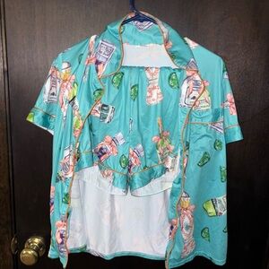 Tequila Print Button-Up Short Sleeve Pajama Top in Turquoise